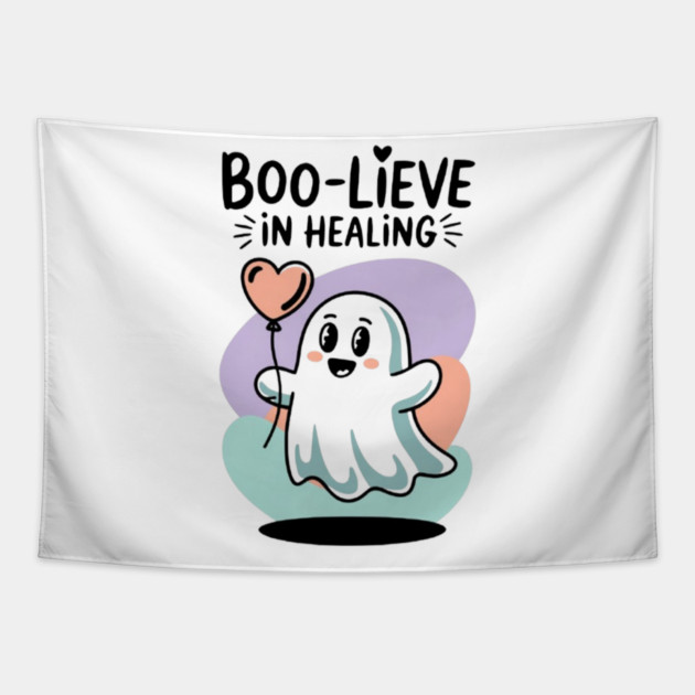 Boo-lieve in Healing – Happy Ghost Self Love Halloween Tapestry by Fauzi's Store
