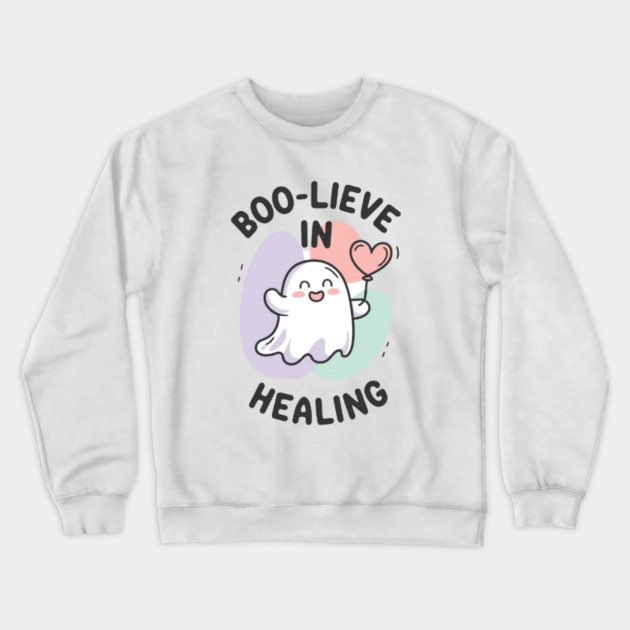 Boo-lieve in Healing – Minimalist Ghost Healing Halloween Crewneck Sweatshirt by Fauzi's Store