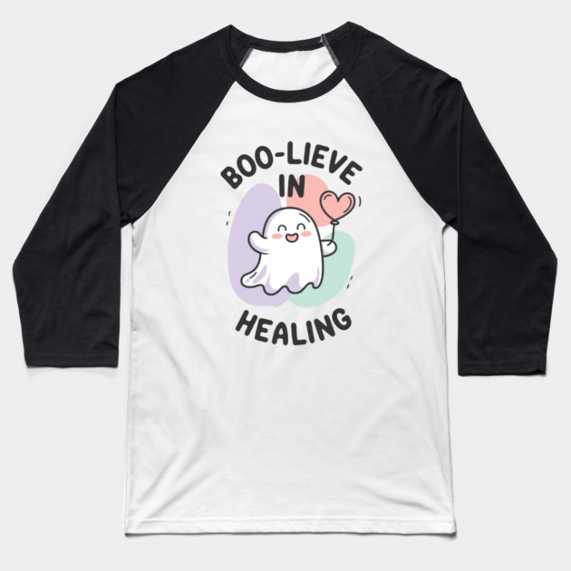 Boo-lieve in Healing – Minimalist Ghost Healing Halloween Baseball T-Shirt by Fauzi's Store