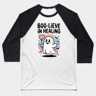 Boo-lieve in Healing – Cute Rainbow Ghost Self Care Halloween Baseball T-Shirt