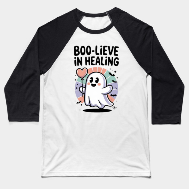 Boo-lieve in Healing – Cute Rainbow Ghost Self Care Halloween Baseball T-Shirt by Fauzi's Store
