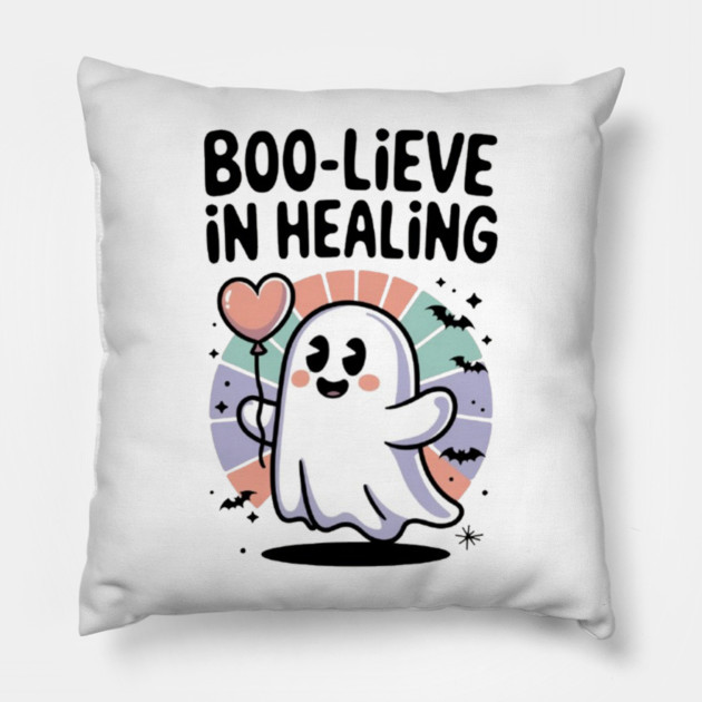 Boo-lieve in Healing – Cute Rainbow Ghost Self Care Halloween Pillow by Fauzi's Store