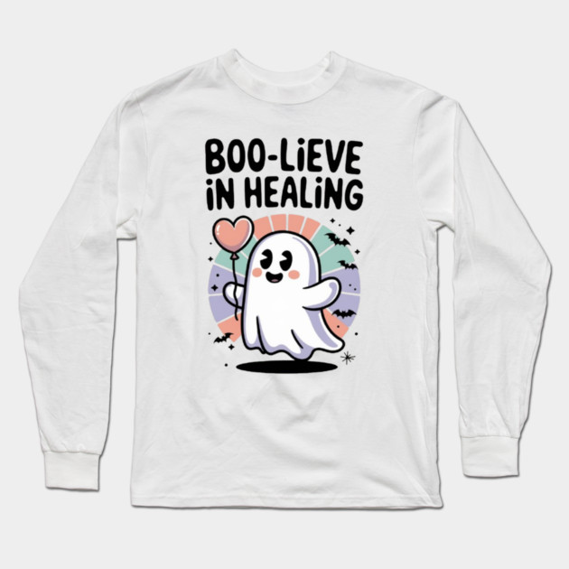 Boo-lieve in Healing – Cute Rainbow Ghost Self Care Halloween Long Sleeve T-Shirt by Fauzi's Store