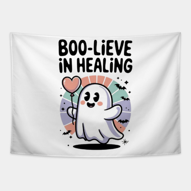 Boo-lieve in Healing – Cute Rainbow Ghost Self Care Halloween Tapestry by Fauzi's Store