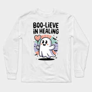 Boo-lieve in Healing – Cute Rainbow Ghost Self Care Halloween Long Sleeve T-Shirt