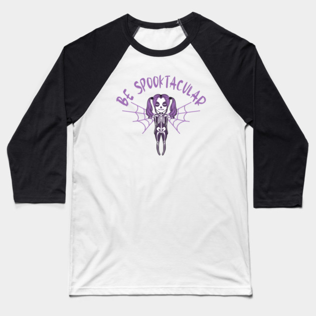Be Spooktacular Purple Halloween Spooky Skeleton Angel Cheeky Witch® Baseball T-Shirt by Cheeky Witch