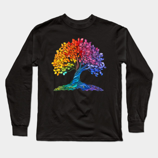 Rainbow Tree – Colorful Nature Art Graphic Long Sleeve T-Shirt by Kathy Hawke