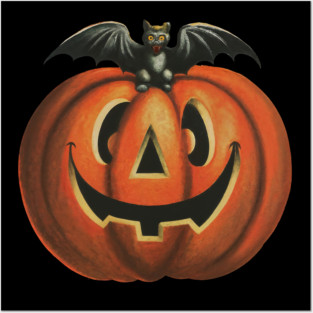 Vintage Jack-O’-Lantern With Bat Cat Retro Halloween Posters and Art