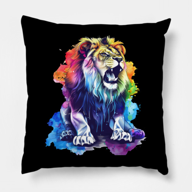 Roaring Lion – Vibrant Jungle King Art Pillow by Kathy Hawke