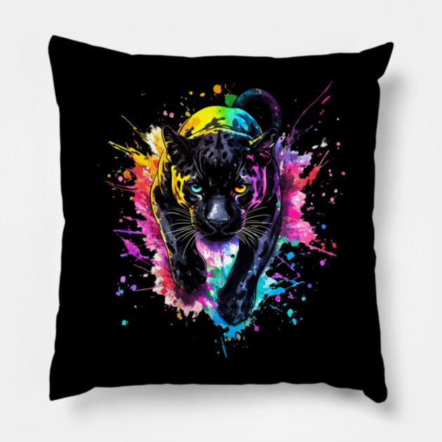 Panther Rainbow Watercolor - Bold Animal Art Pillow by Kathy Hawke