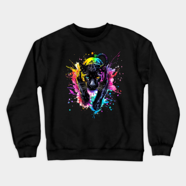 Panther Rainbow Watercolor - Bold Animal Art Crewneck Sweatshirt by Kathy Hawke