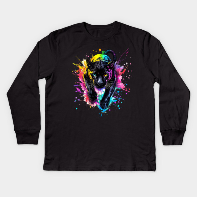 Panther Rainbow Watercolor - Bold Animal Art Kids Long Sleeve T-Shirt by Kathy Hawke