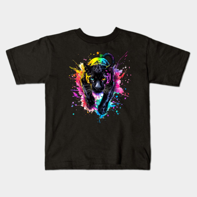 Panther Rainbow Watercolor - Bold Animal Art Kids T-Shirt by Kathy Hawke