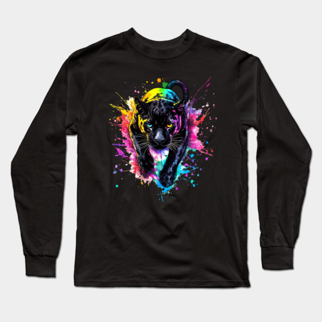 Panther Rainbow Watercolor - Bold Animal Art Long Sleeve T-Shirt by Kathy Hawke