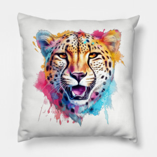 Cheetah Colorful Rainbow Watercolor Pillow