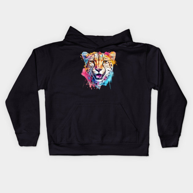 Cheetah Colorful Rainbow Watercolor Kids Hoodie by Kathy Hawke