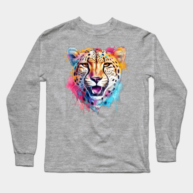 Cheetah Colorful Rainbow Watercolor Long Sleeve T-Shirt by Kathy Hawke