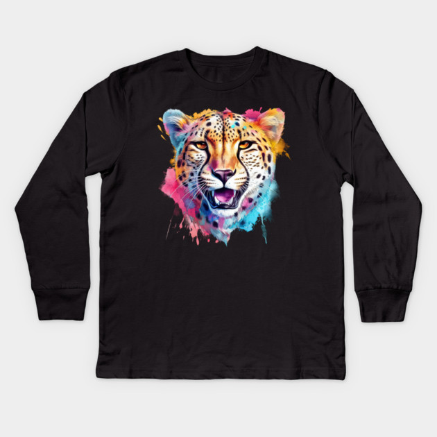 Cheetah Colorful Rainbow Watercolor Kids Long Sleeve T-Shirt by Kathy Hawke