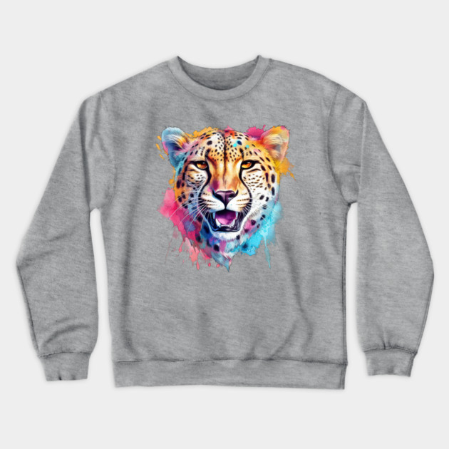 Cheetah Colorful Rainbow Watercolor Crewneck Sweatshirt by Kathy Hawke