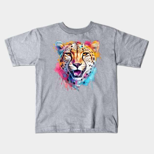 Cheetah Colorful Rainbow Watercolor Kids T-Shirt by Kathy Hawke