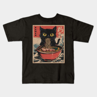 Kawaii Cat Graphic Tee Funny Cat Eating Ramen Japanese Anime Kids T-Shirt