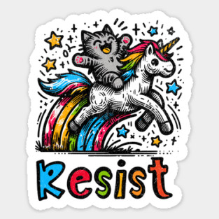 Resist Cat Riding Unicorn Rainbow Protest Art Sticker