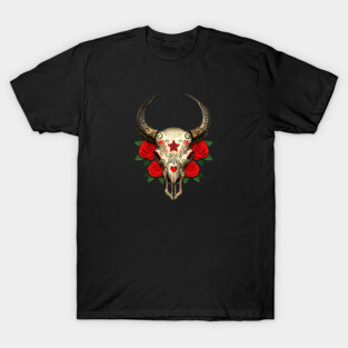 Bull Sugar Skull with Red Roses T-Shirt