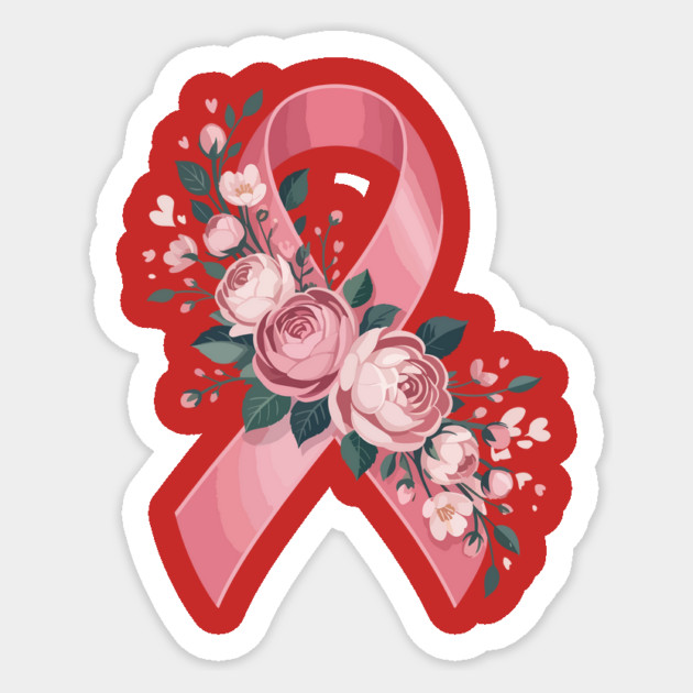 Pink Ribbon with Flowers – Breast Cancer Awareness Design Sticker by ism's Store