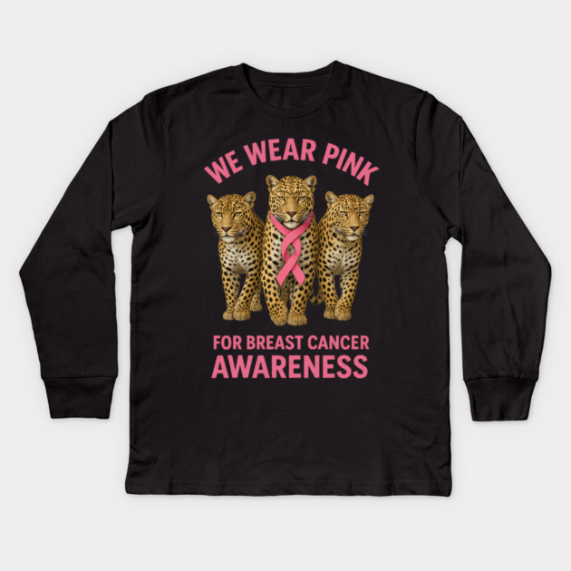 October We Wear Pink Leopard Breast Cancer Awareness Kids Long Sleeve T-Shirt by BirdsnStuff