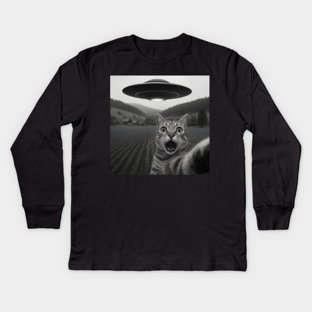 Cat Selfie UFO Kids Long Sleeve T-Shirt by The WYLD Tribe