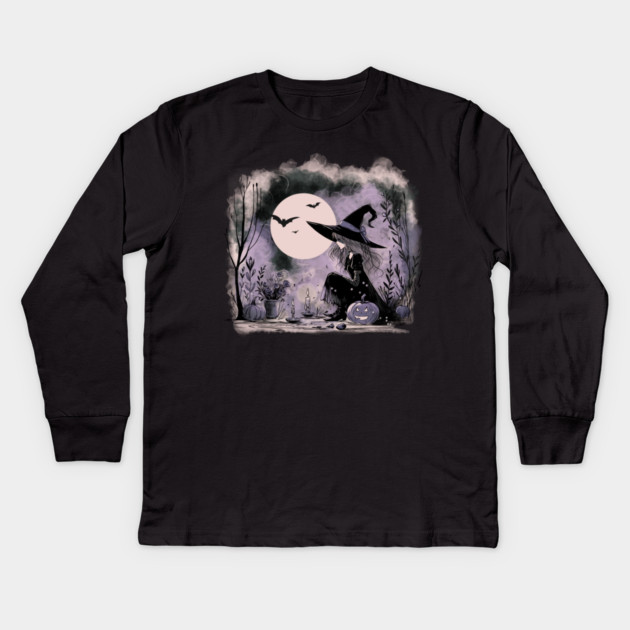 Halloween Witch Illustration Kids Long Sleeve T-Shirt by H. R. Sinclair