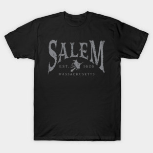 Salem 1626 Witch Logo Design very distressed in light gray T-Shirt