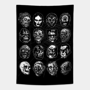 Monster Masks – Vintage Halloween Horror (B&W Variant) Tapestry