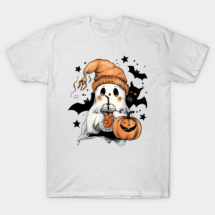 Cute Ghost with Pumpkin Spice Latte – Halloween Coffee Lover T-Shirt