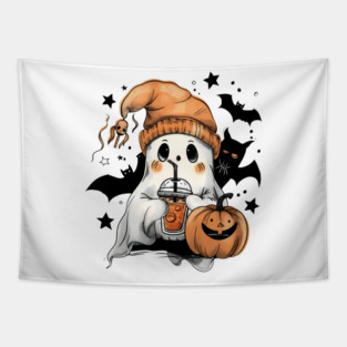 Cute Ghost with Pumpkin Spice Latte – Halloween Coffee Lover Tapestry