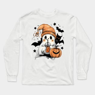Cute Ghost with Pumpkin Spice Latte – Halloween Coffee Lover Long Sleeve T-Shirt