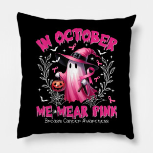 In October We Wear Pink, Breast Cancer Awareness, Retro Breast Cancer, Halloween Pink Pillow