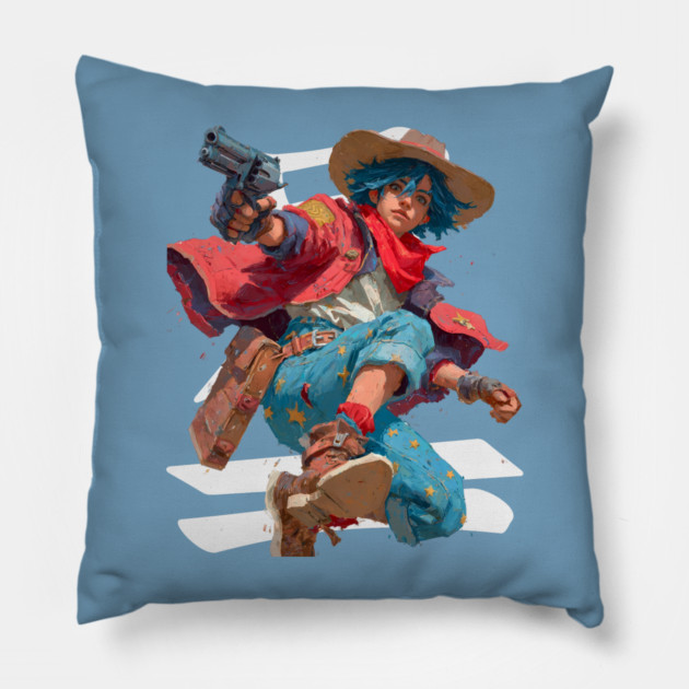 Blue-Haired Anime Gunslinger Pillow by TuncGK