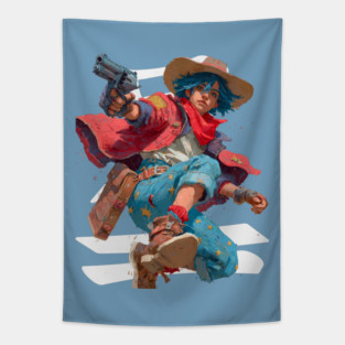 Blue-Haired Anime Gunslinger Tapestry
