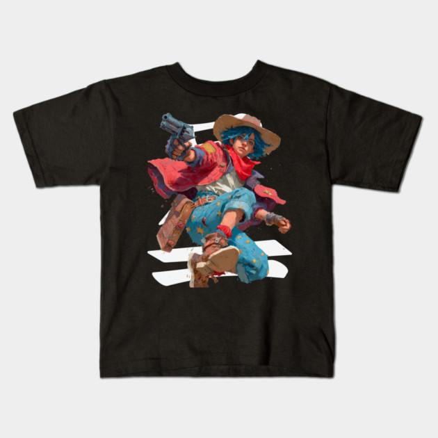 Blue-Haired Anime Gunslinger Kids T-Shirt by TuncGK