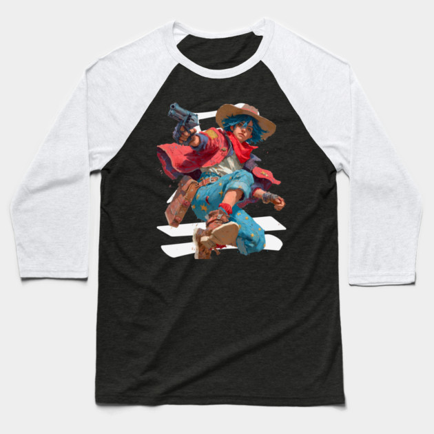 Blue-Haired Anime Gunslinger Baseball T-Shirt by TuncGK