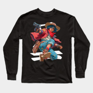 Blue-Haired Anime Gunslinger Long Sleeve T-Shirt