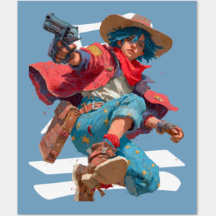 Blue-Haired Anime Gunslinger Posters and Art