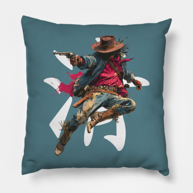 Leaping Gunslinger Cowgirl Pillow by TuncGK