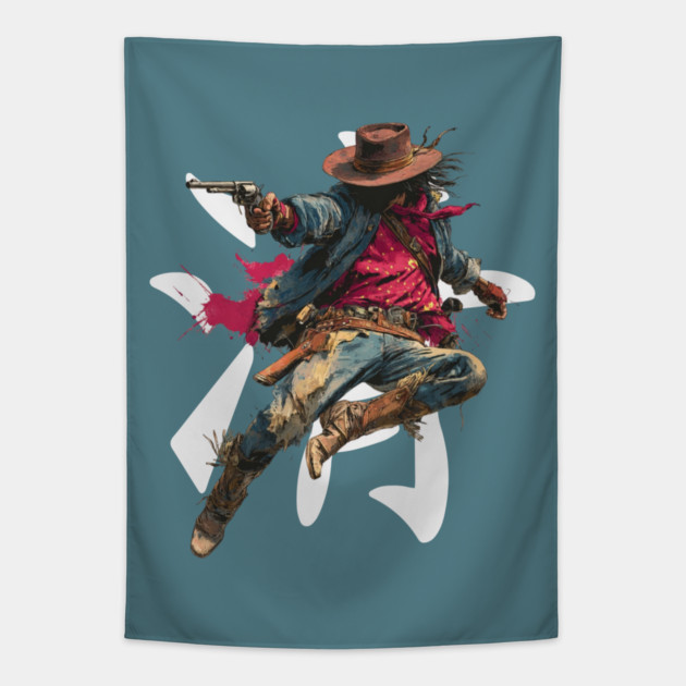 Leaping Gunslinger Cowgirl Tapestry by TuncGK