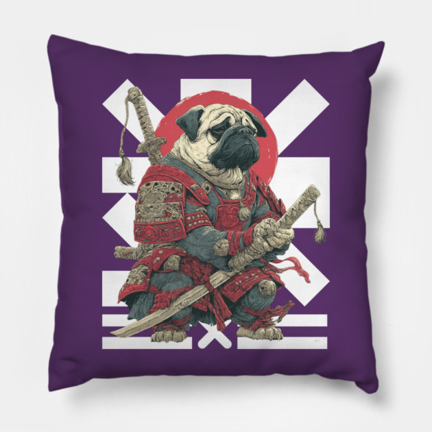 Bushido Pug: The Samurai Dog Warrior Pillow by TuncGK
