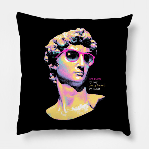 Art Piece By Day, Party Beast By Night - Neon David 80s Retro Pixel Statue Art Pillow by Butter Creative