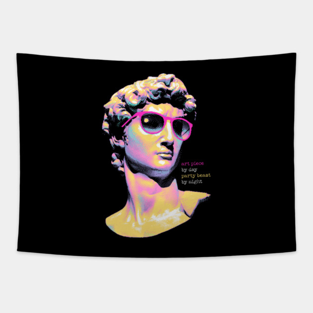 Art Piece By Day, Party Beast By Night - Neon David 80s Retro Pixel Statue Art Tapestry by Butter Creative