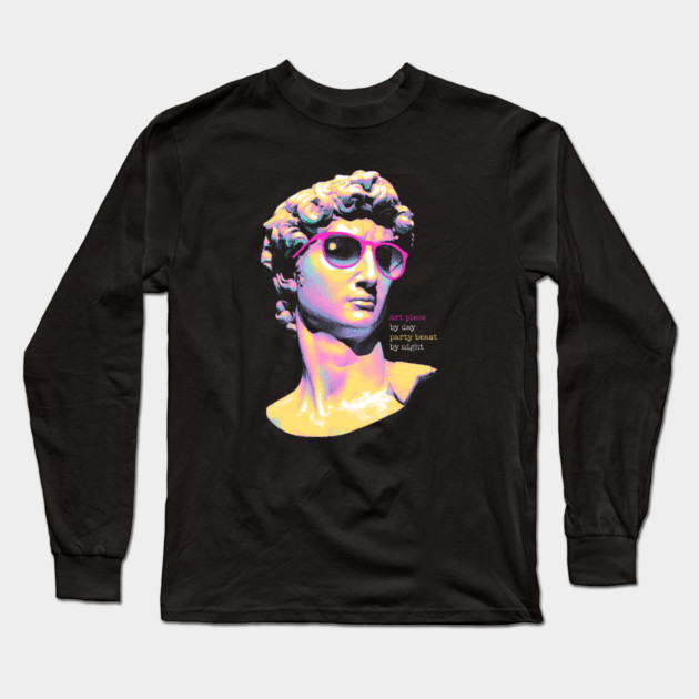 Art Piece By Day, Party Beast By Night - Neon David 80s Retro Pixel Statue Art Long Sleeve T-Shirt by Butter Creative