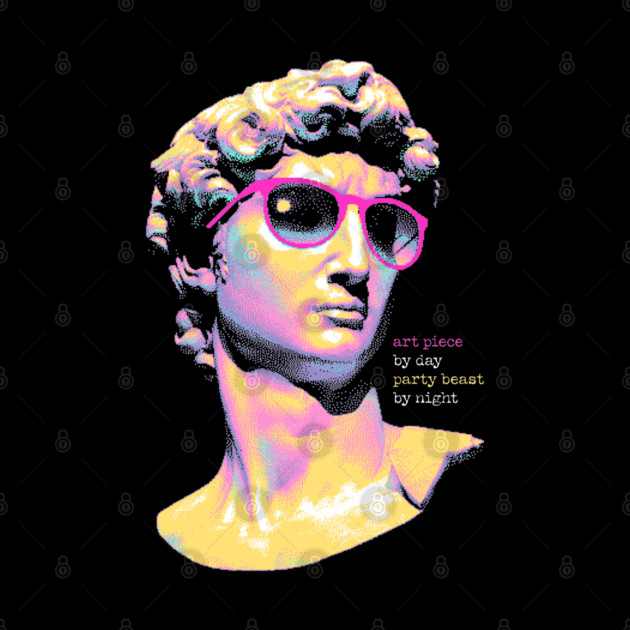 Art Piece By Day, Party Beast By Night - Neon David 80s Retro Pixel Statue Art by Butter Creative